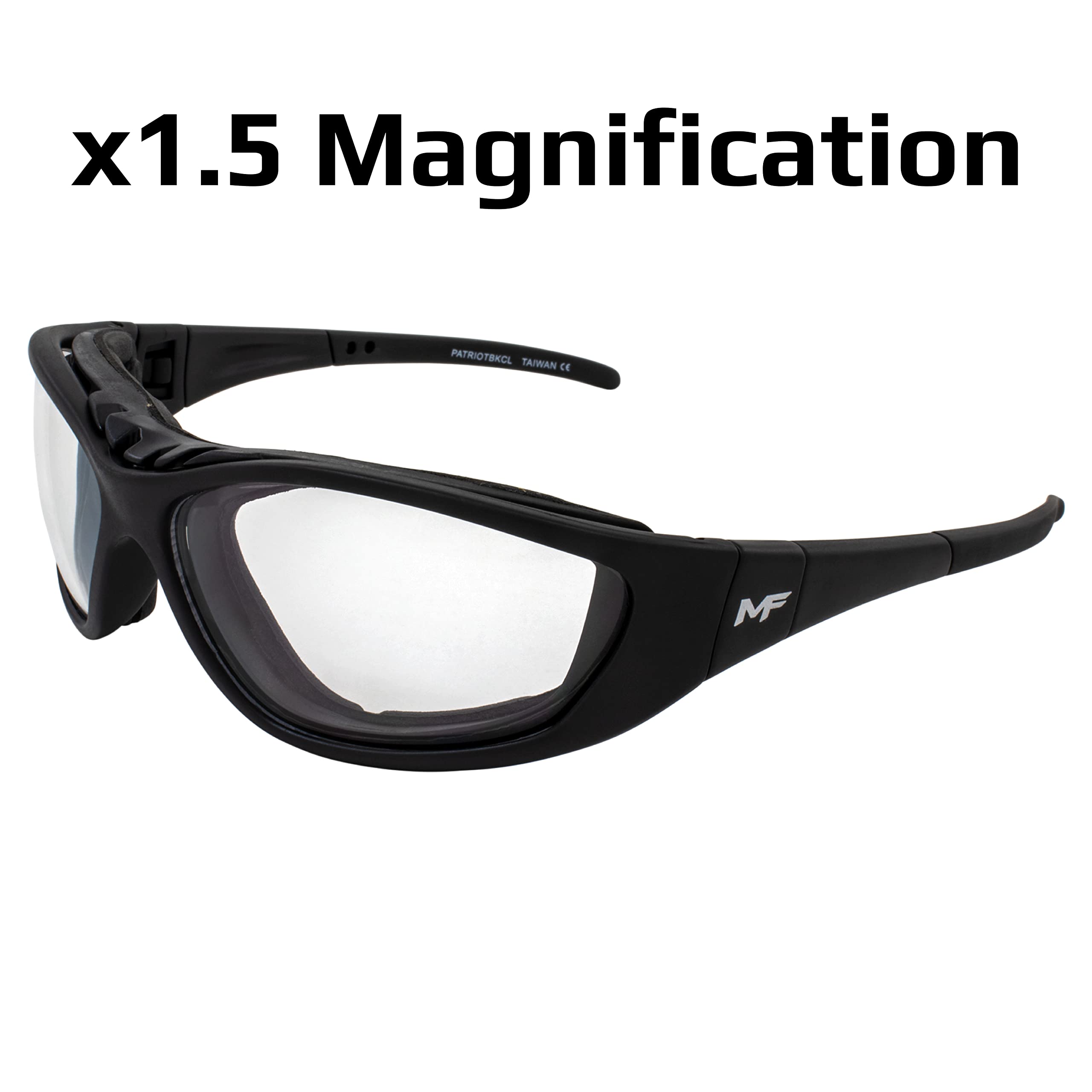 Patriot - Gafas de seguridad bifocales acolchadas para motocicleta, color negro con lente transparente + aumento de 1.5 Z78.1+, gafas convertidas en gafas