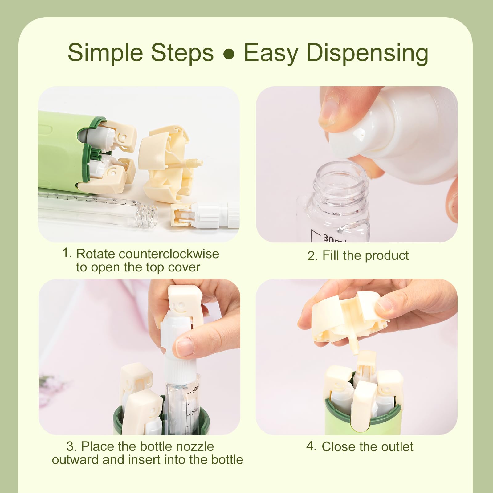 Set de botellas dispensadoras de viaje 4 en 1: botellas exprimibles rellenables a prueba de fugas para artículos de tocador - contenedores de viaje portátiles para champú, loción, acondicionador y — view 5