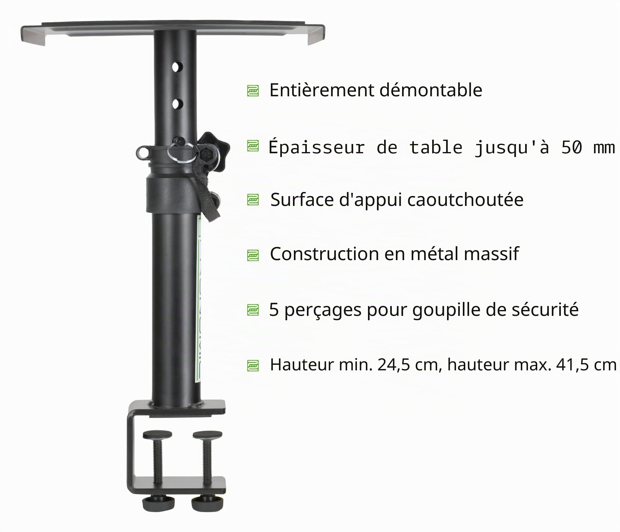 Pronomic SLS-36K BK Paire De Pieds De Table avec Pince pour Moniteurs De Studio - Très Peu Encombrant - Hauteur Réglable De 24,5 Cm À 41,5 Cm - Surface avec Bande Auto-Agrippante - Noir