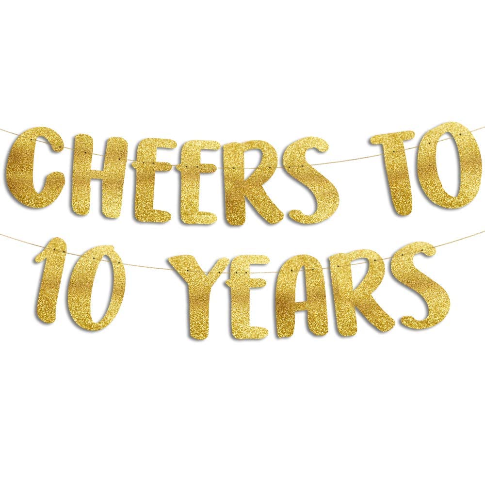 ToVii Cheers to 10 Years Gold Glitter Banner - 10th Anniversary and Birthday Party Decorations