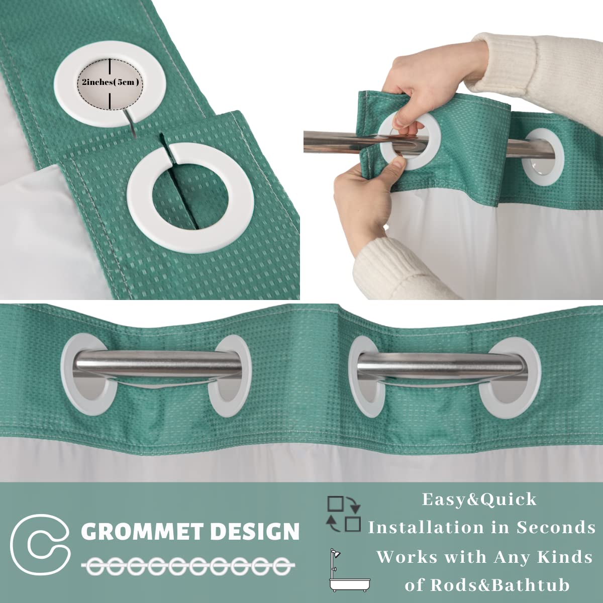 Ecoehoe Hotel Grade Waffle Weave Fabric Hook Free Shower Curtain with Magnets Snap-in Liner - Heavy Duty Bath Curtain with See Through Top Machine Washable 71