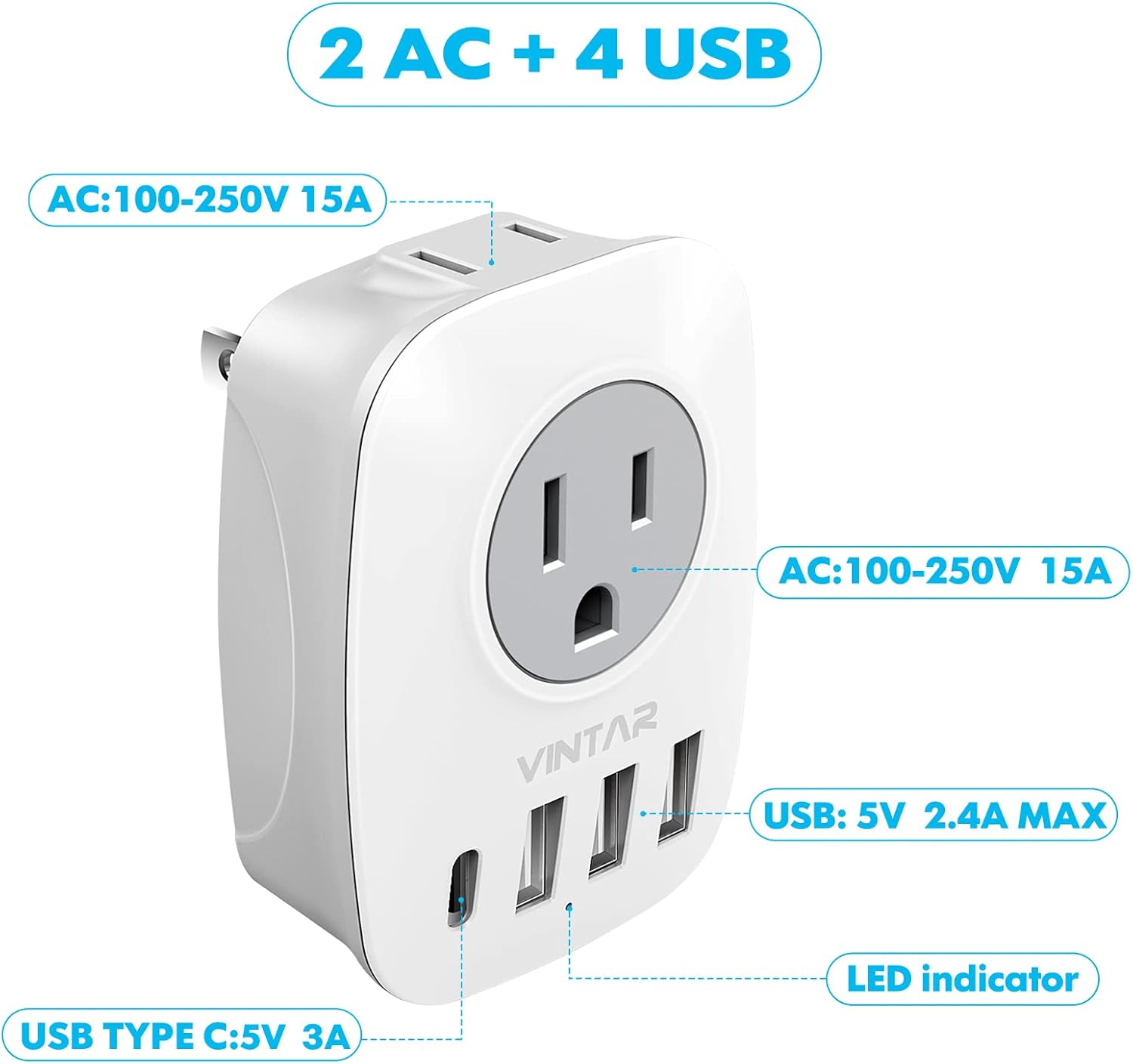 [2-Pack] 3 Prong to 2 Prong Adapter，VINTAR Electrical 2 Outlet Extender with 3USB&1USB-C Wall Charger, Multi Plug Extender Splitter, Travel Multiple Power Adaptor for US to Japan, Type A, CE Listed : Everything Else