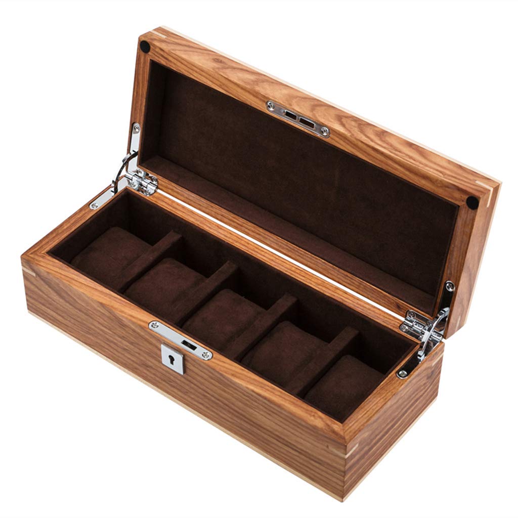 ANVLOJRIH 5-Slot Watch Display Storage Box Wood Soft Flocking Lining Interior Showcase Organiser with Metal Lock