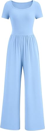 PRETTYGARDEN Women's Summer One Piece Jumpsuits Dressy Casual Short Sleeve Square Neck Wide Leg Jumpsuit Rompers