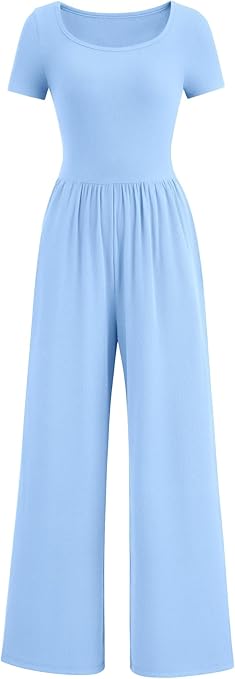 PRETTYGARDEN Women's Summer One Piece Jumpsuits Dressy Casual Short Sleeve Square Neck Wide Leg Jumpsuit Rompers
