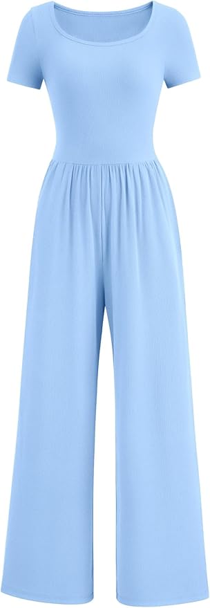 PRETTYGARDEN Women's Summer One Piece Jumpsuits Dressy Casual Short Sleeve Square Neck Wide Leg Jumpsuit Rompers