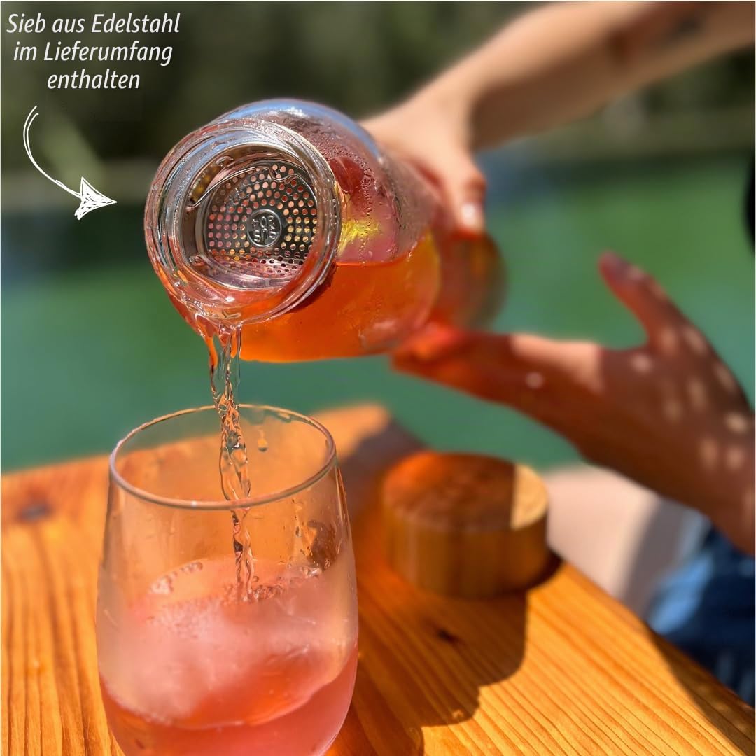 mayu Water Wasserflasche, Borosilikatglas, Bambusdeckel, 1,5 Liter | Integriertes Sieb, Bambus-Deckel, BPA-frei, auslaufsicher, umweltfreundlich, ideal für Wasser, Tee & Infused Water