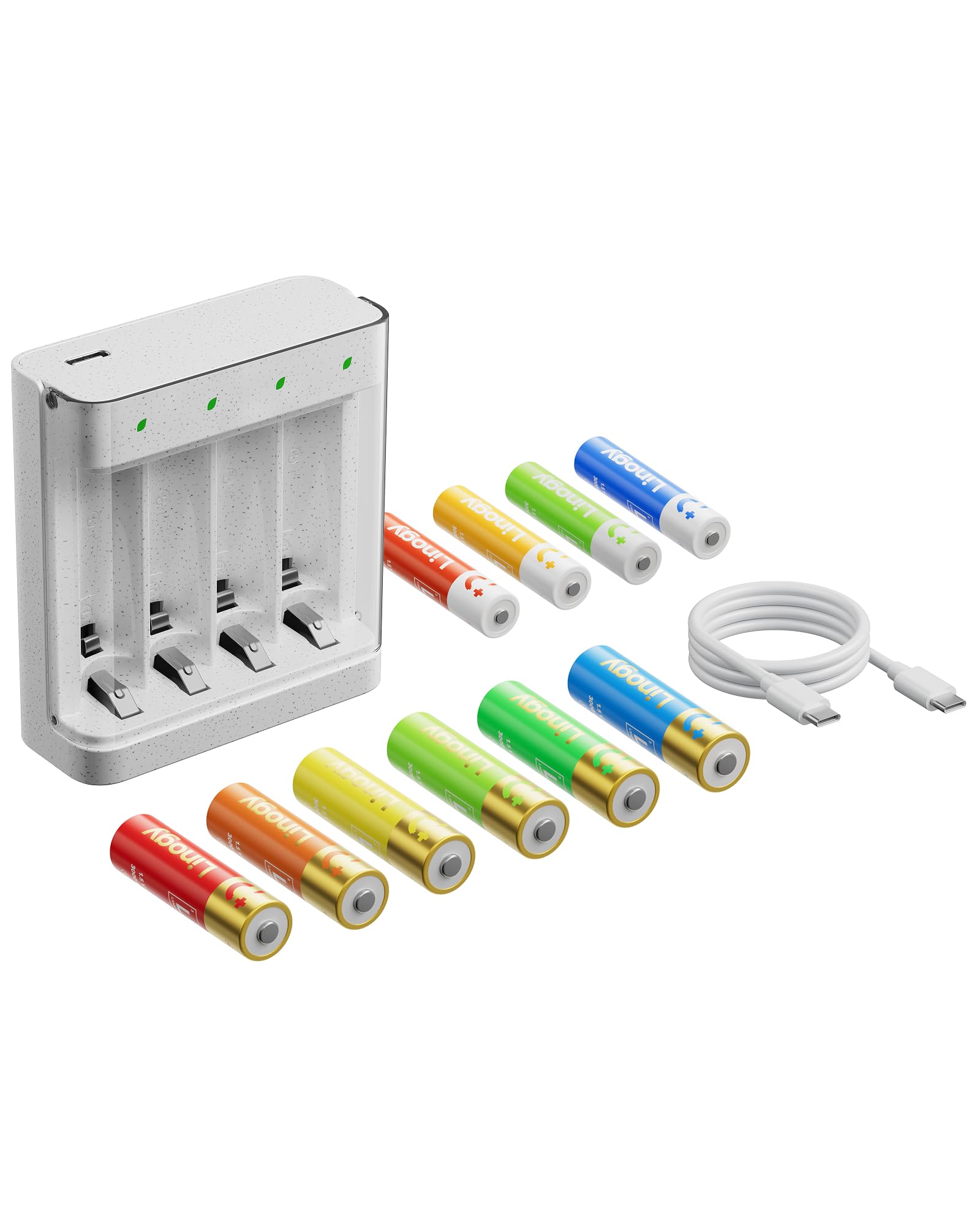 Linogy Lithium Battery Charger AA AAA 4-Slot, Rechargeable AA and AAA Batteries with Charger for Travel, 2X Fast Charge (4 Cells in 3 Hours), Individual LEDs, Smart Safety