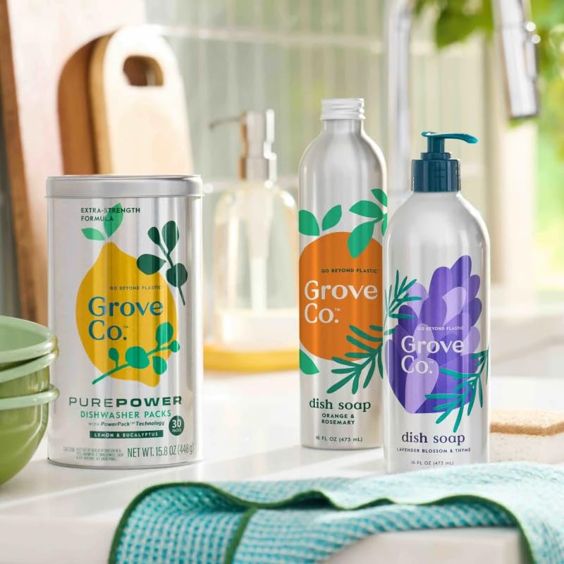 Image of Grove Co. Ultimate Dish Soap Refills (16 Fl Oz) Removes 48-hr Stuck-on Food and Grease,Plastic Free Cleaning Products,100% Natural Orange & Rosemary Fragrance