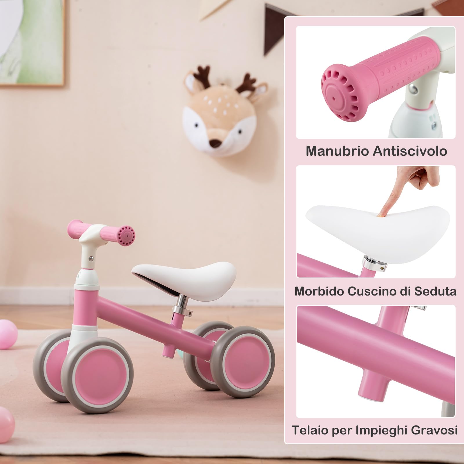 COSTWAY Bicicletta Senza Pedali per Bambini 1-3 Anni, Bicicletta Equilibrio con 4 Ruote, Manubrio e Sella Regolabili in Altezza, Bici per Bambini, Portata 25 kg