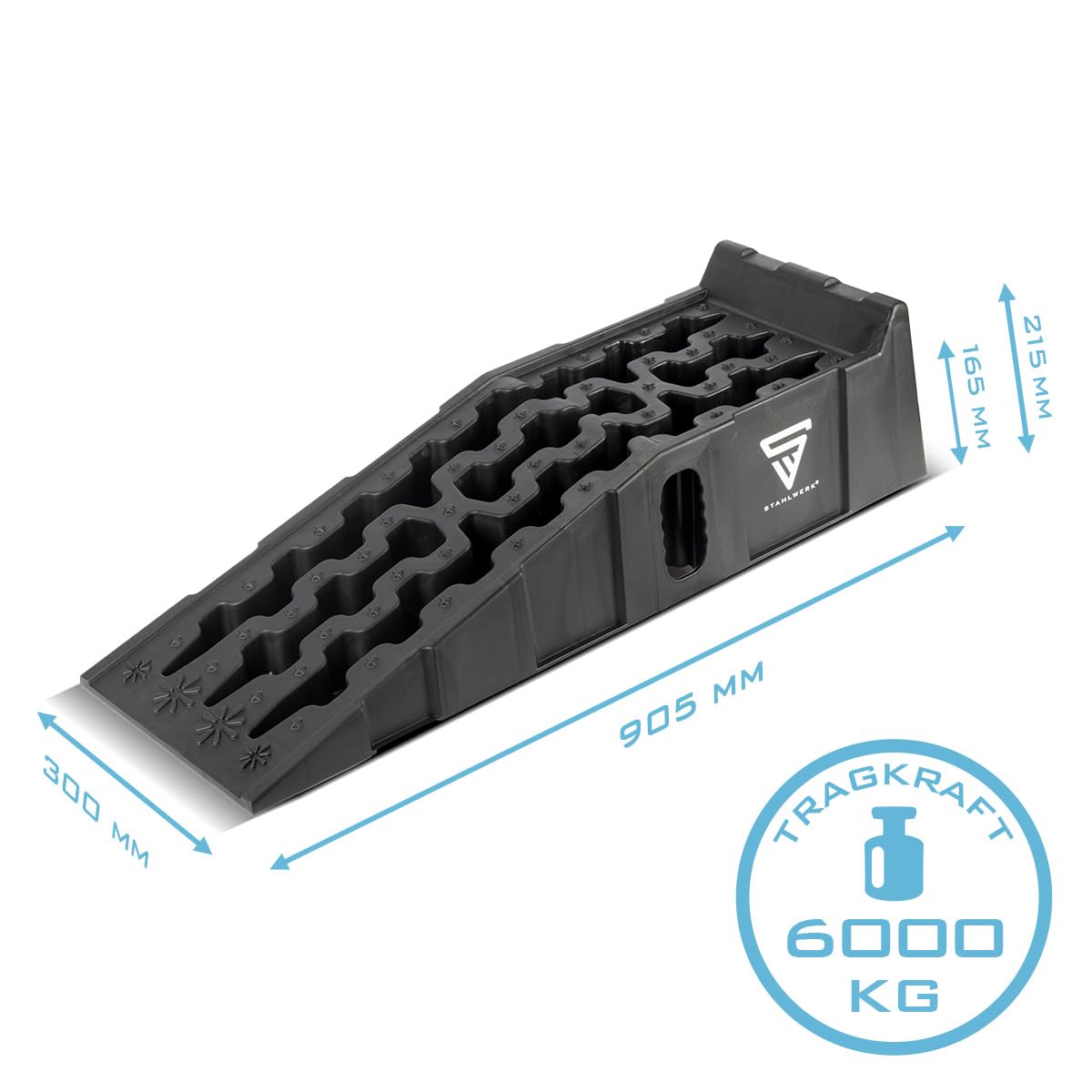 STAHLWERK Lot de 2 cales étagées GT-15 ST avec capacité de charge de 6 tonnes - 905 x 330 x 215 mm - Cale de roue, rampe d'accès, cale d'équilibrage pour camping-car, caravane, caravane ou remorque