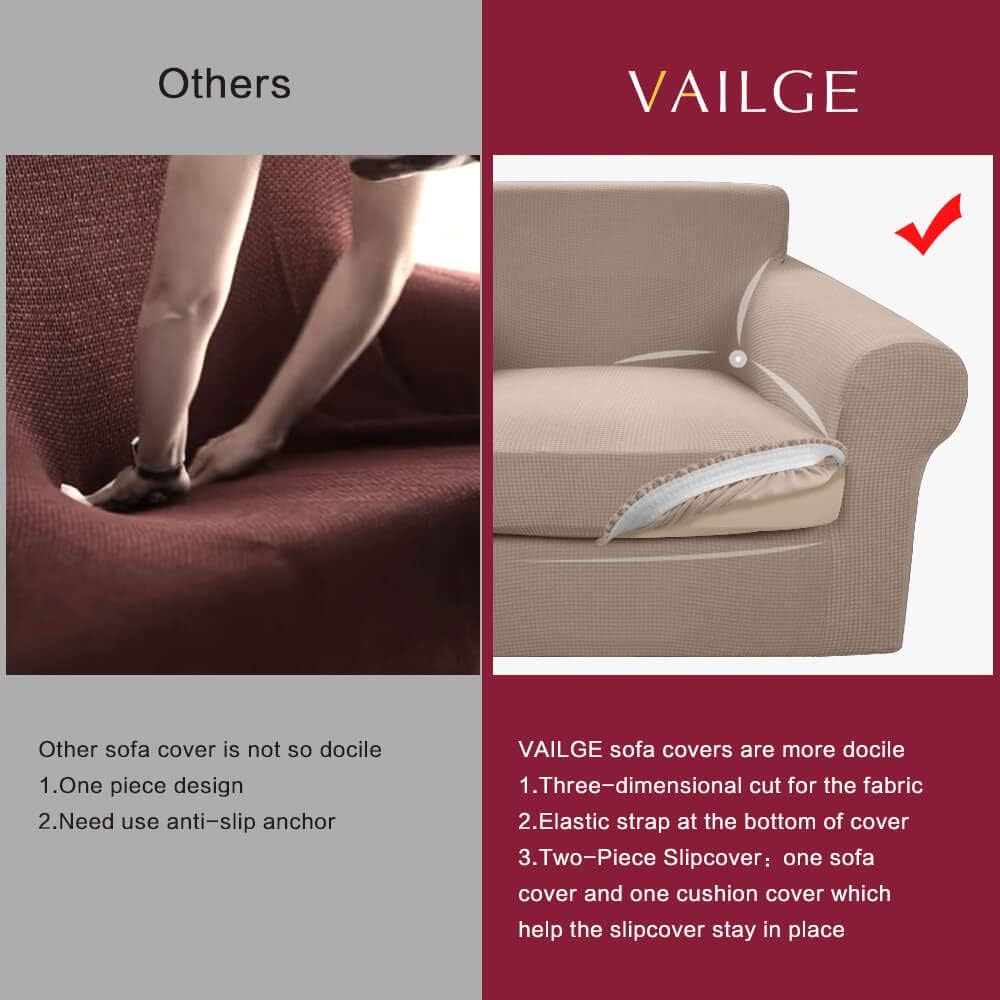 Vailge 2-Piece High Stretch Jacquard Sofa Slipcover, Durable Sofa Cover with Separate Cushion Cover, Machine Washable Couch Covers/SlipCover for Dogs,3 Cushion Couch,Kids,Pets(Sofa:Sand)