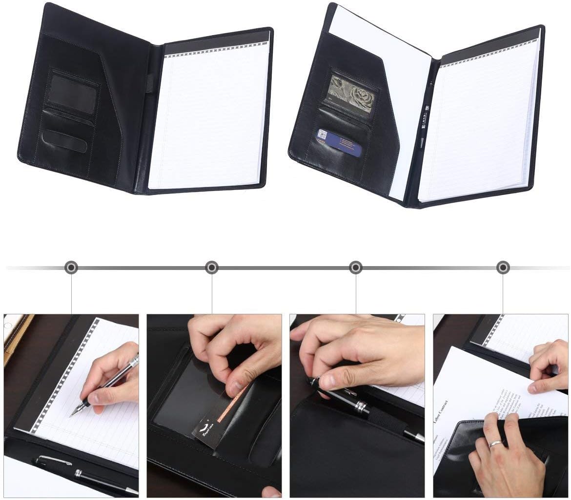 Leathario File Folder Padfolio Writing Pad Business Presentation Folder Portfolio (Black-A4-4)