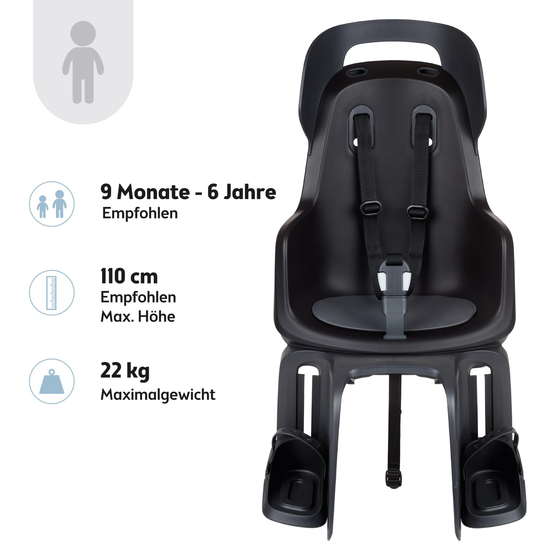 Bobike 8012300019 GO Maxi CFS XR Kinderfahrradsitz Hinten Für Gepäckträger, Für Kinder Von 9 Monaten Bis 6 Jahren, Max 22 kg, Verstellbare Fußstützen, Werkzeuglose Montage, Urban Schwarz
