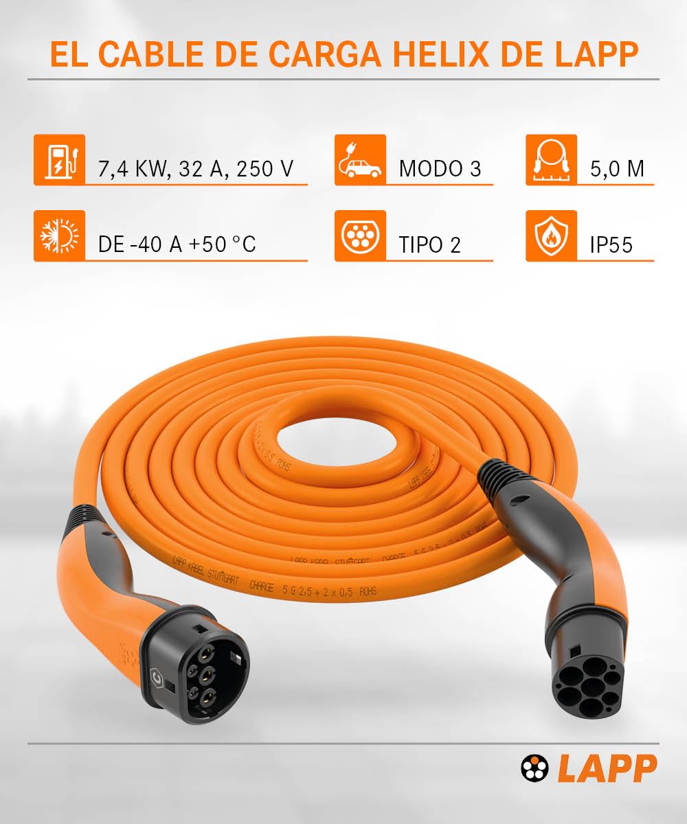 Lapp Mobility Helix EV Cable de Carga Tipo 2, 7,4 kW/Autorretráctil / 32 A/Monofásico/Cable de Carga para Coches eléctricos/Modo 3 / 5m