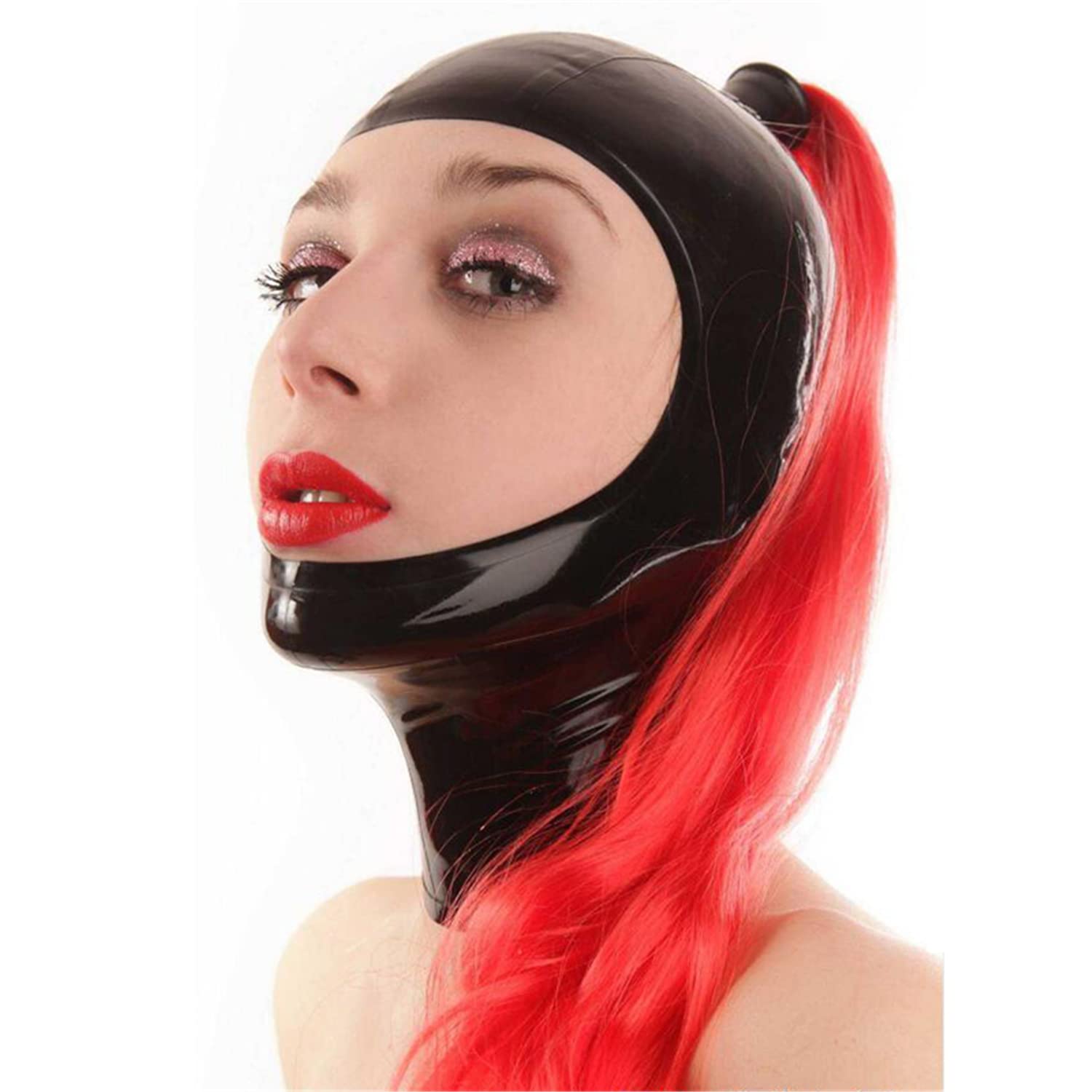 Secondskin Unisex Black Hood Latex Hood Open Face With Red Ponytail Back Zipper Rubber Mask With Wig Cosplay Party Wear Costume (, Medium)