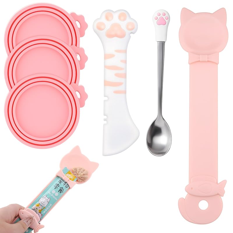 Tampas para Latas de Ração Úmida para Gatos com Colher e Abridor Cfyosnk, Conjunto com 6 Peças, Rosa
