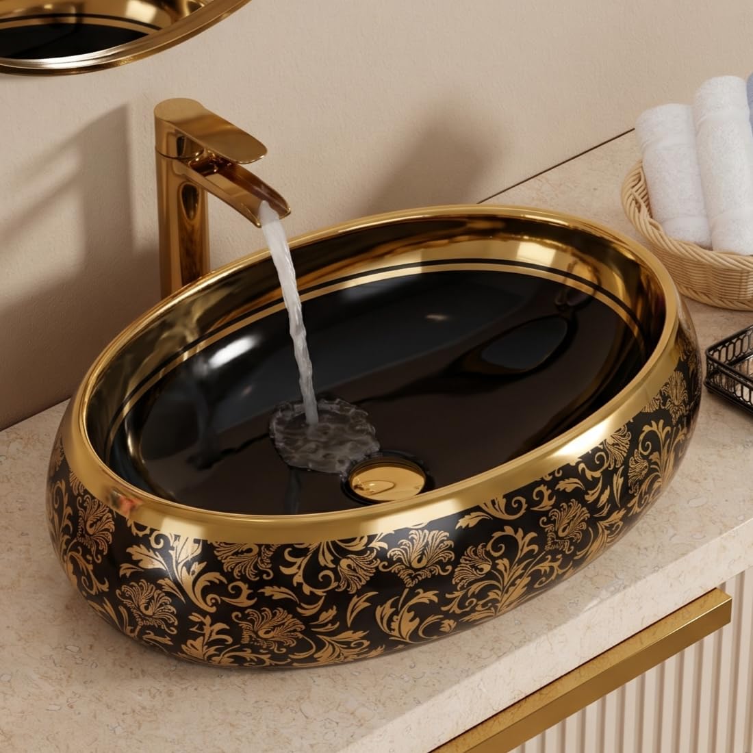 BASSINO Table Top Wash Basin - White & Rose Gold -14