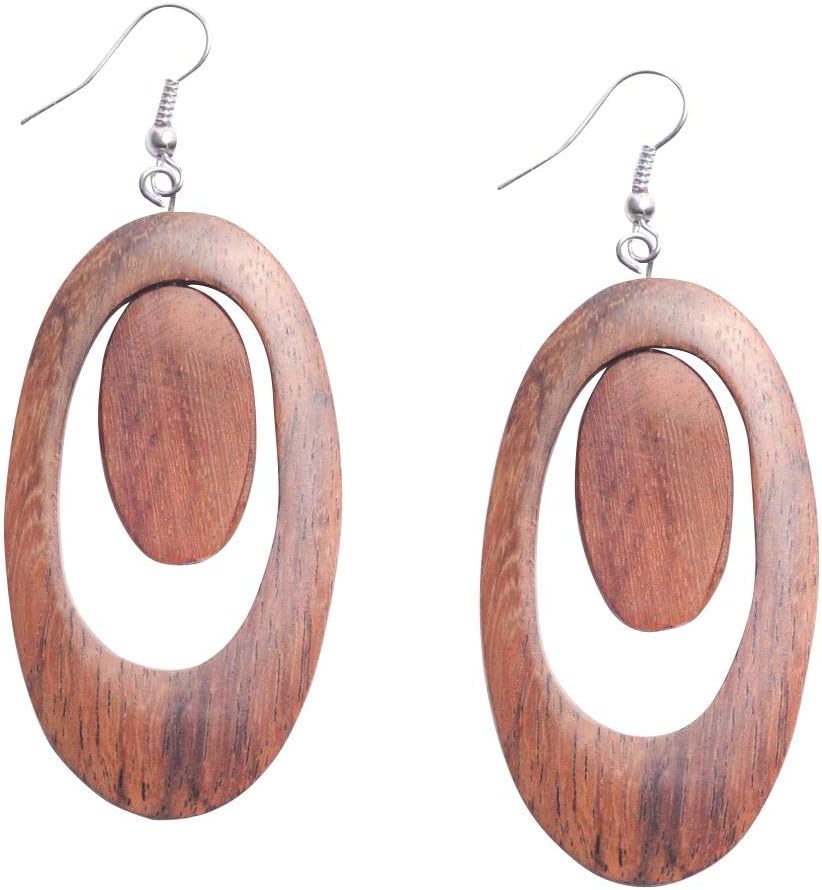81stgenerationWomen's Wood 925 Sterling Silver Oval Hoop Mod 60s Brown Dangle Earrings