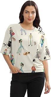 HELLCATBeige Printed Loose Fit Crew-Neck Crop T-Shirt for Women