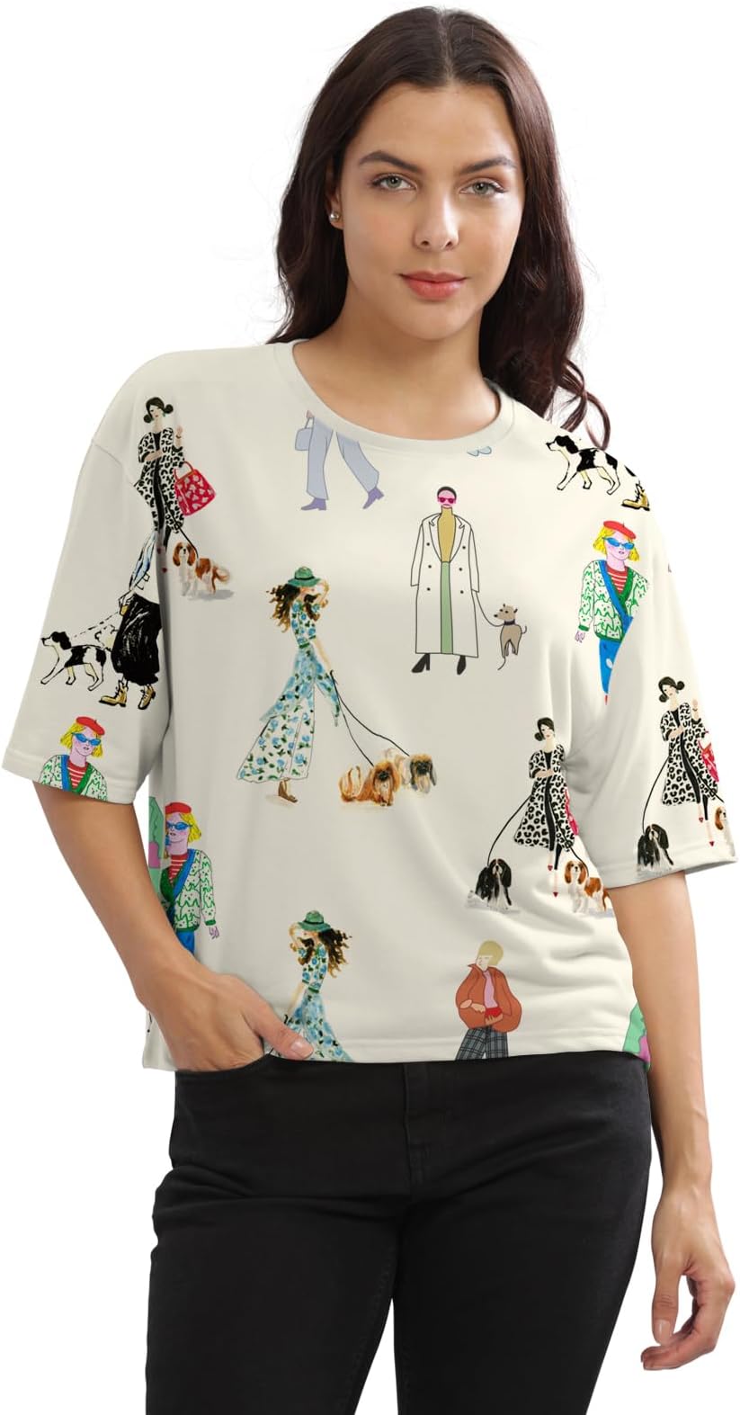 HELLCATBeige Printed Loose Fit Crew-Neck Crop T-Shirt for Women