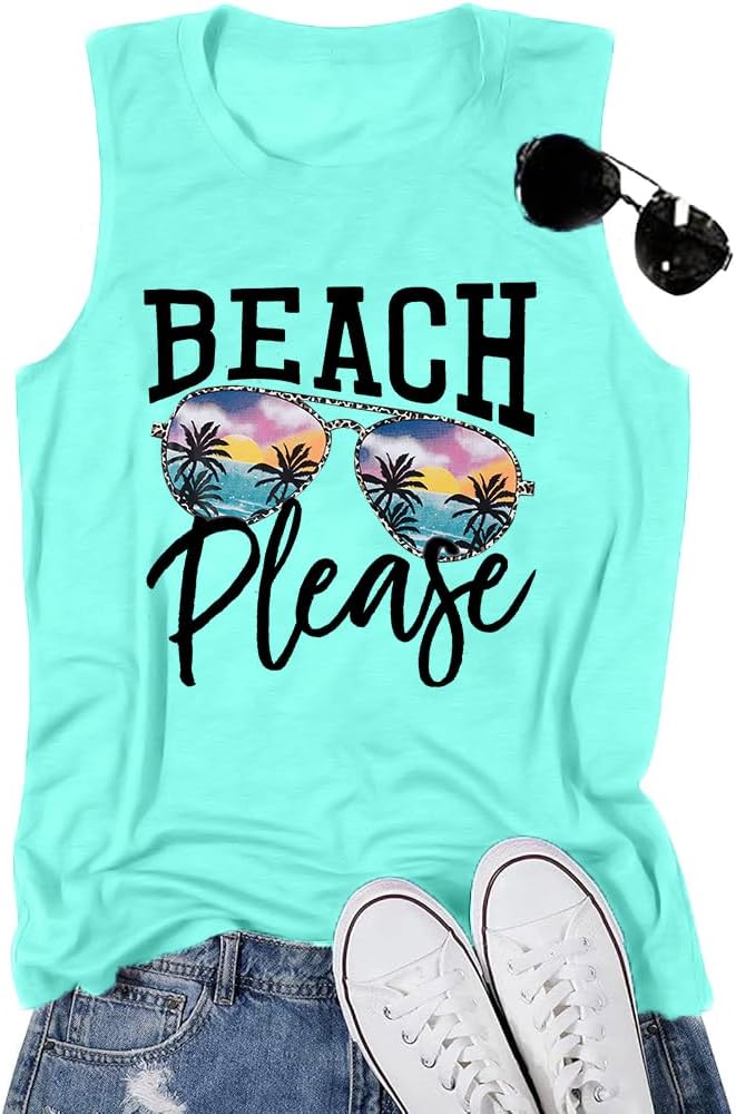 Beach Tanks for Women Beach Please Graphic Tank Top Funny Summer Sleeveless Hawaiian Vacation Vest Shirts