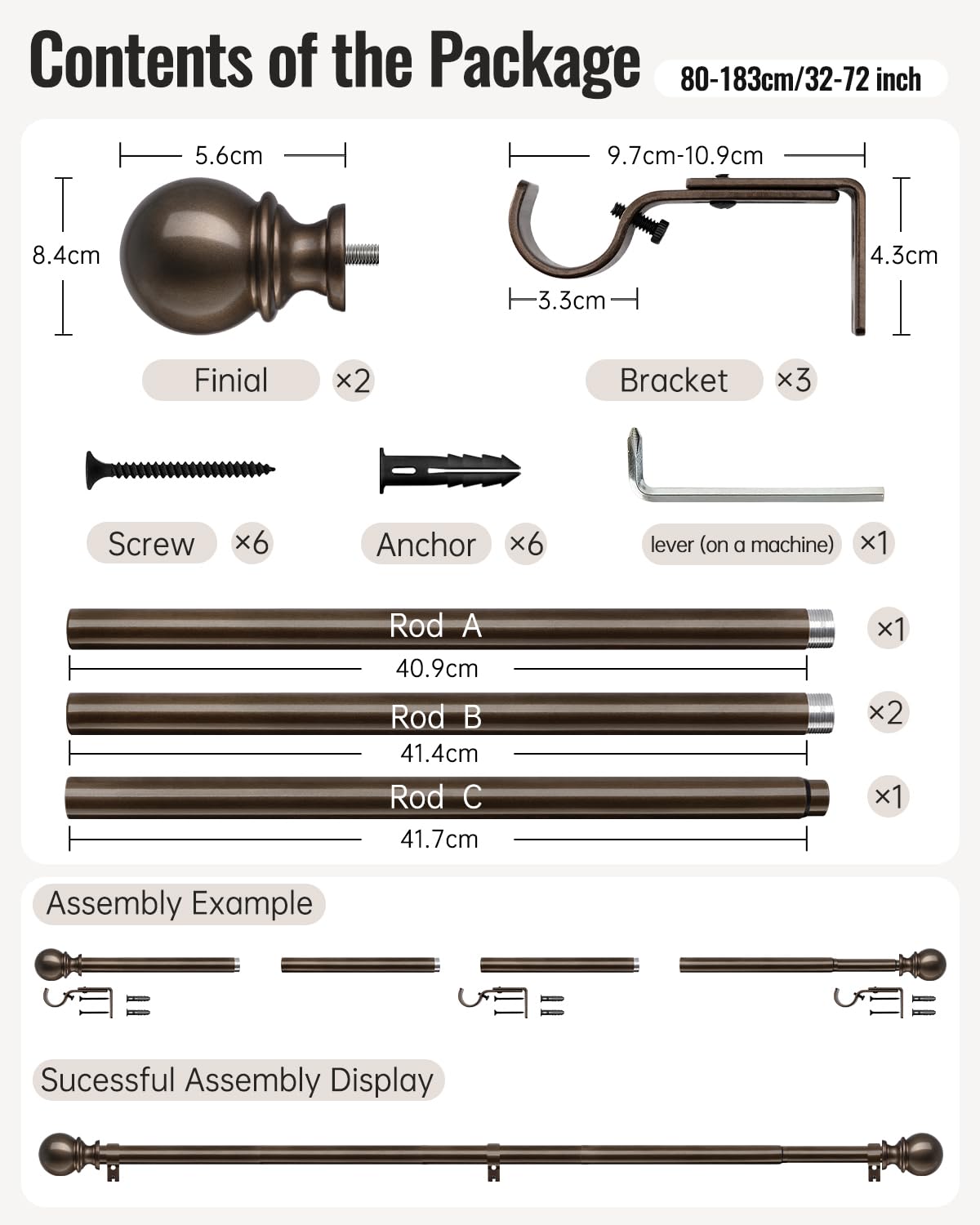 Bastoni per tende con occhielli, 25 mm, 80-183 cm, estensibili, colore bronzo