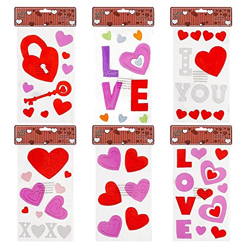 Valentines Window Gel Clings 6 Pack Valentine Heart Gel Stickers Party Decorations Accessories, I Love You, Red Pink Hearts, Key to My Heart, For Kids, School, Classroom, Home Decor By Gift Boutique