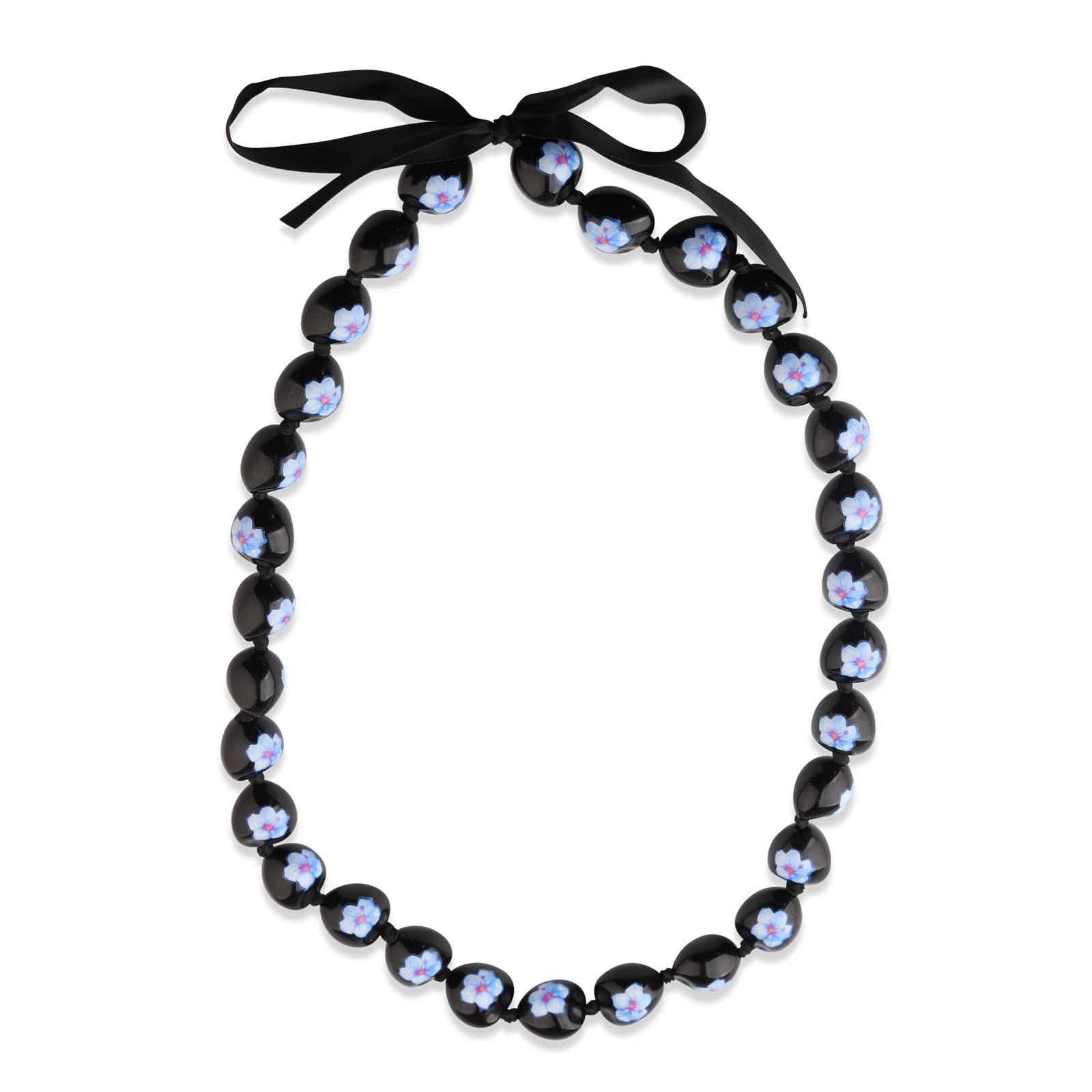 KUIYAI Hawaiian Kukui Nut Necklace with Chunky Heart-Shaped Beads Ribbon Tie Closure