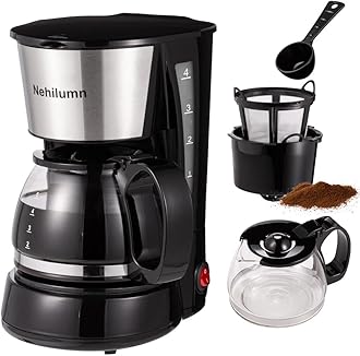 Nehilumn 4 Cups Drip Coffee Maker, Coffee Pot Machine Permanent Coffee Filter, Mini,20Oz Electric Coffee Maker,650W Black and Stainless Steel