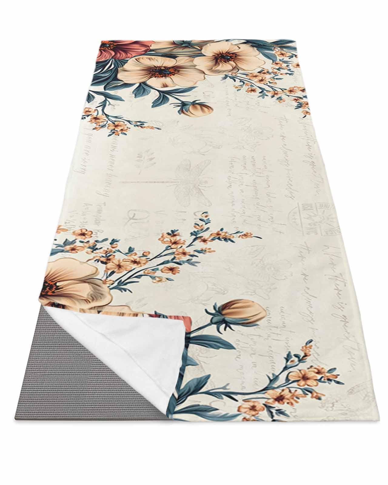 BOSIJOY Yoga Mat Towel,Vintage Spring Blossom Flower Plant Non Slip Sweat Absorbent Hot Yoga Towels with Corner Pockets,Floral on Retro Postcard Soft Microfiber Towel for Pilates Bikram 74