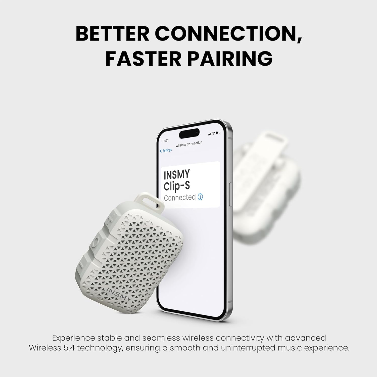 INSMY Clip-S speaker next to a smartphone showing Bluetooth pairing screen