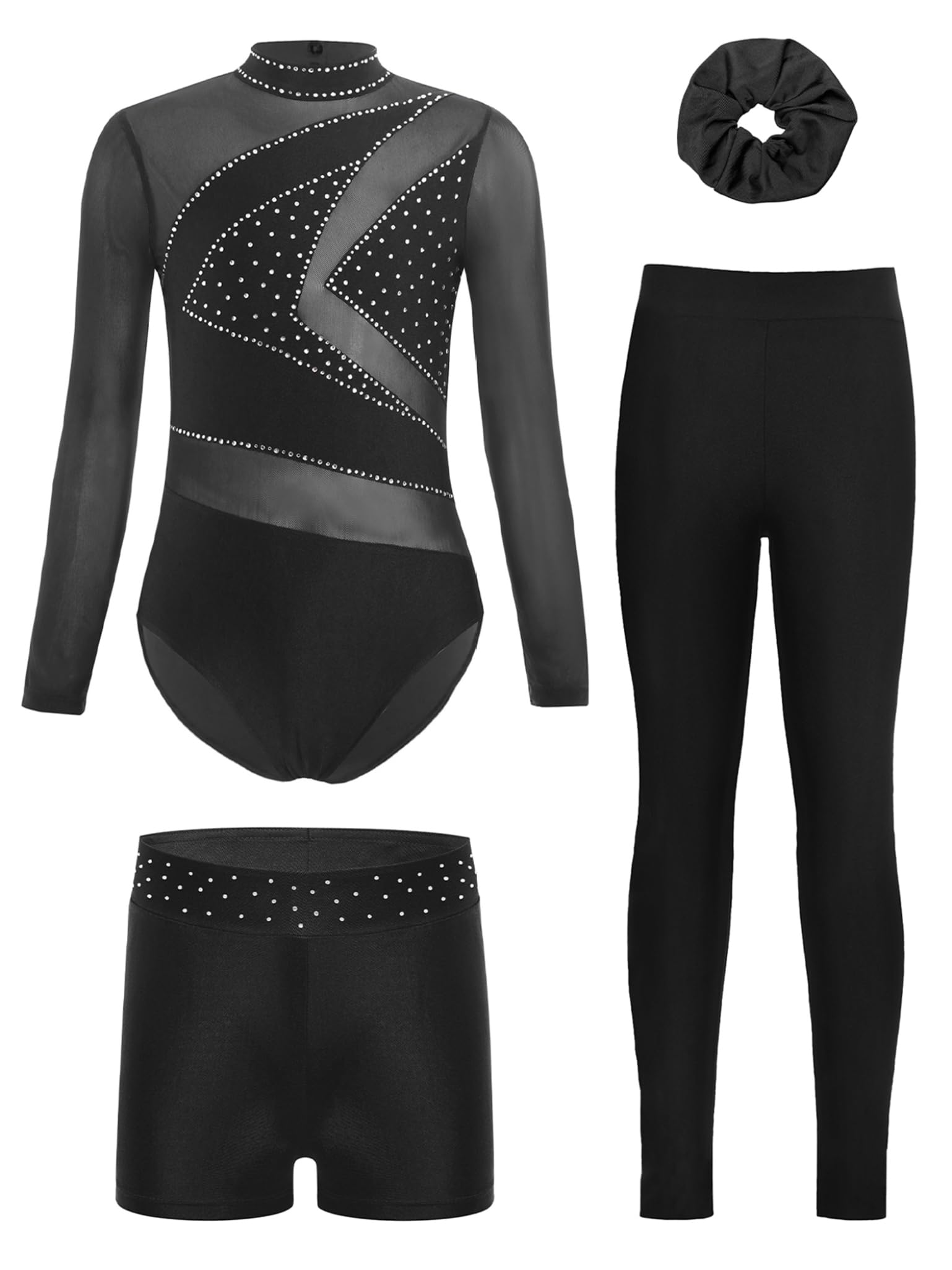 Piezas Traje Gimnasia Niñas Con Brillo Traje Entrenamiento Camiseta Manga Larga Patinaje Artístico Mono Baile Negro 7-8 años