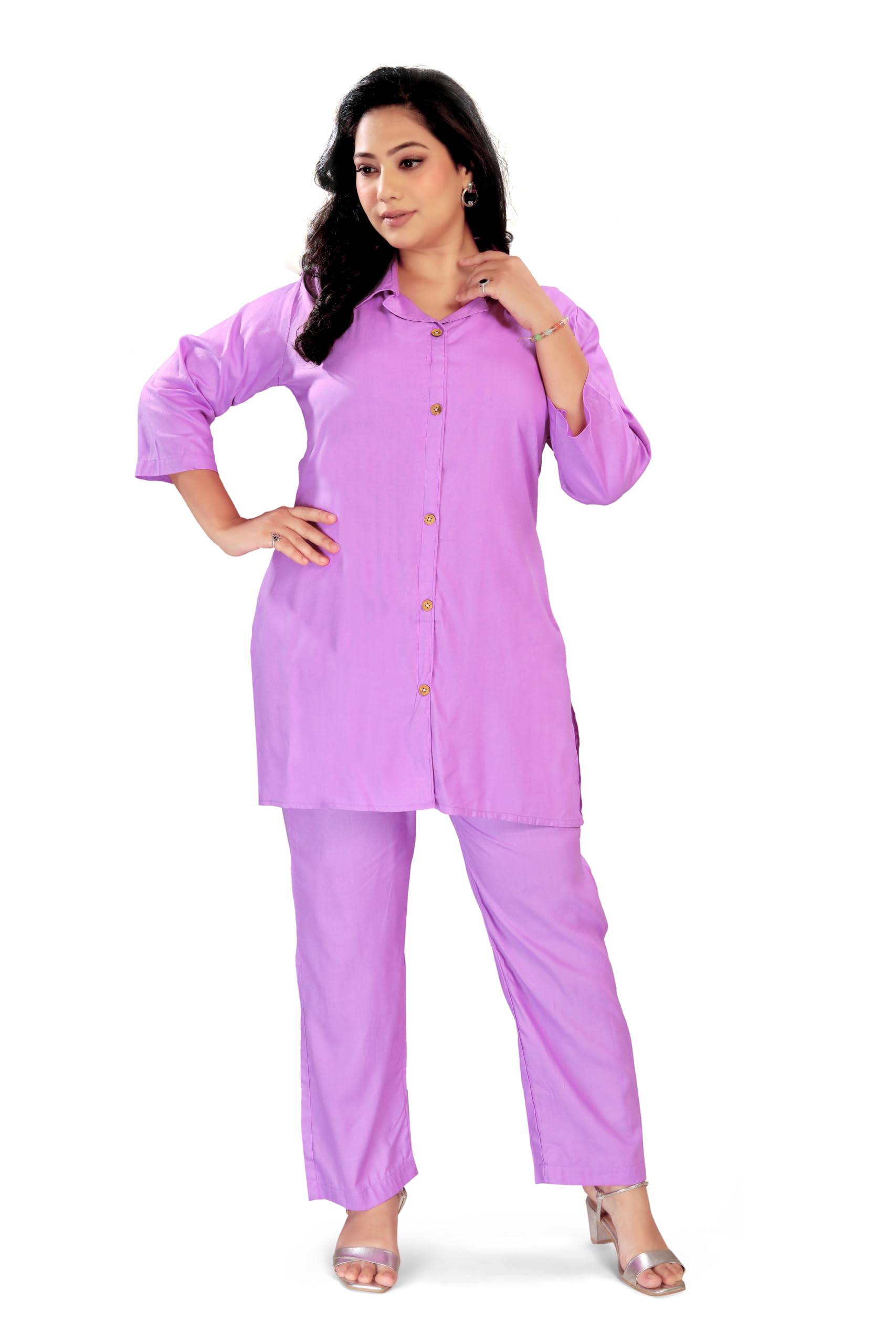 Women's Solid Rayon Co-ord Set | Shirt Collar Button-Down Top & Straight Pants | 3/4 Sleeves | Regular Fit | Casual, Office & Lounge Wear | L, XL, XXL-image-49
