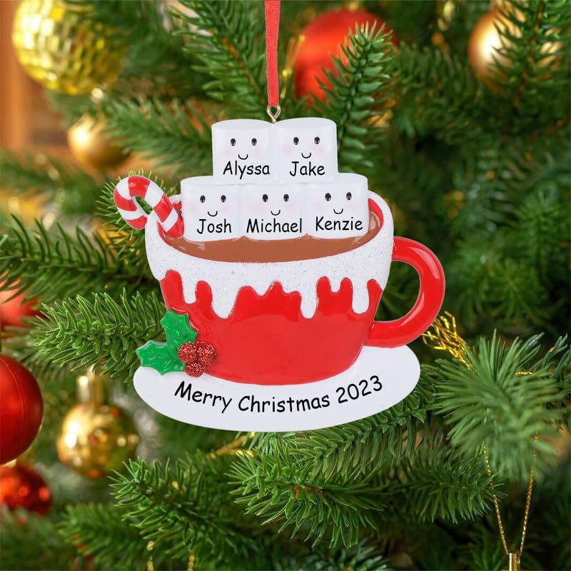 Personalized Marshmallow Hot Chocolate Family Christmas Tree Ornament, Family of 5 Personalized Christmas Ornament, Unique Keepsake Gifts for Parents Kids Grandparents,Chocolate Lover, Coffee Lover