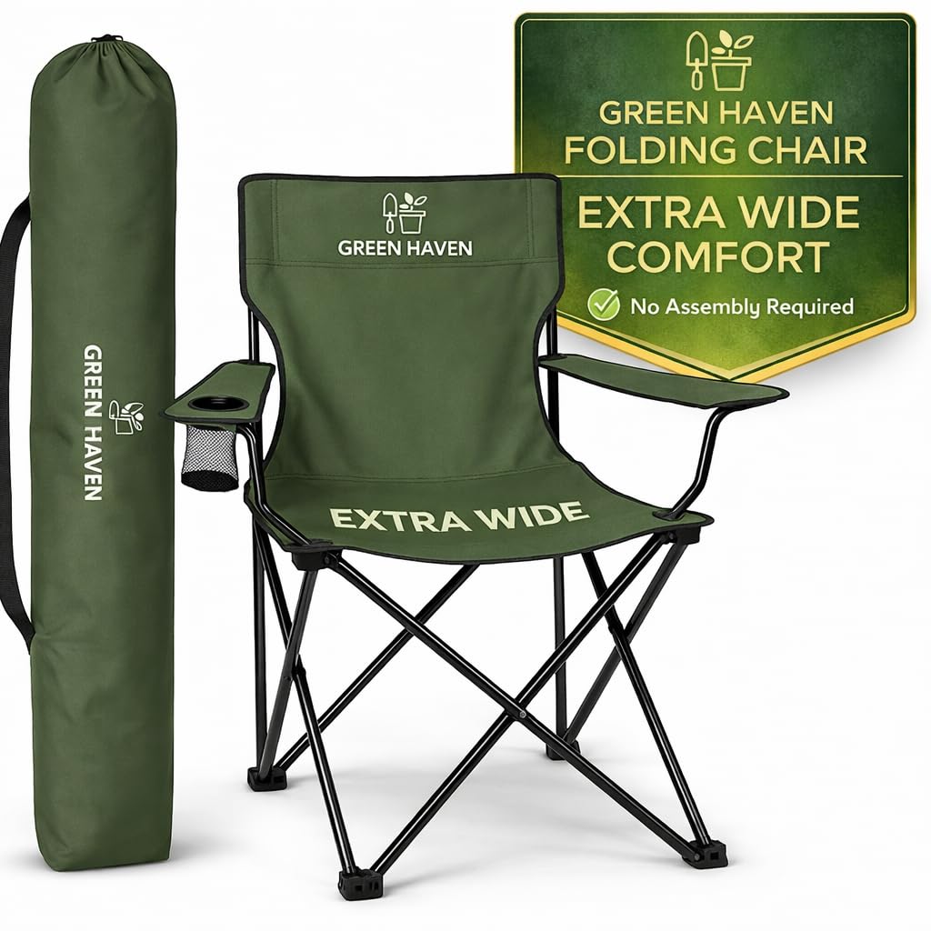 Green Haven Folding Camping Chair with Cup Holder & Carry Bag – Lightweight Portable Outdoor Chair, Heavy Duty Steel Frame, Padded Headrest, Wide Seat for Camping, Festival, Garden, Fishing