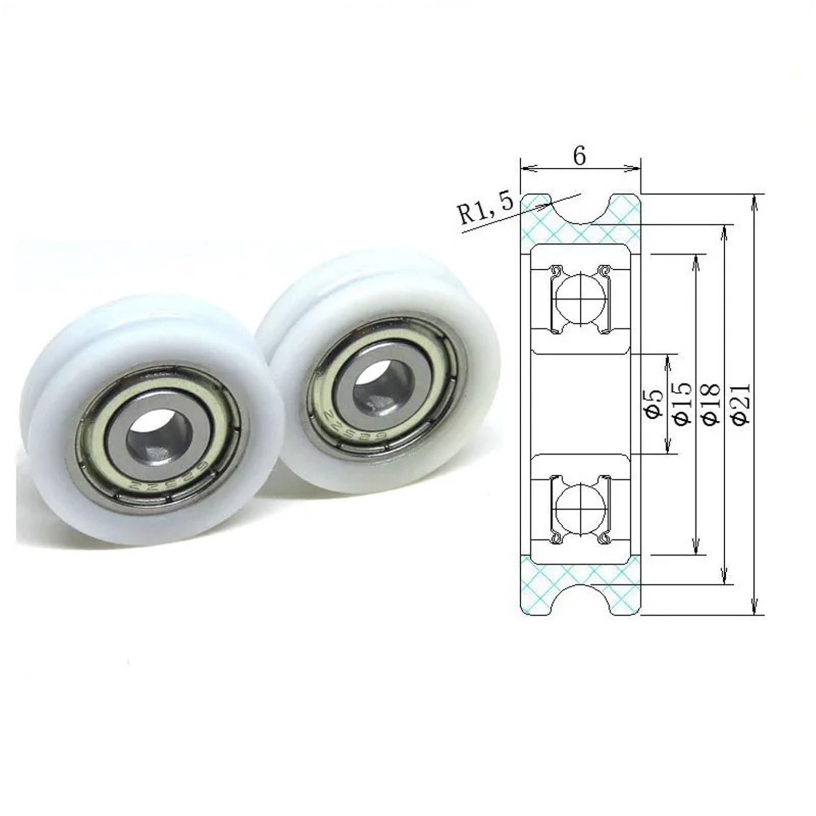 Rodillos de alambre de POM con ranura en U de 5 x 21 x 6 mm y rodamiento 625Z (BSU62521-6), 10 unidades