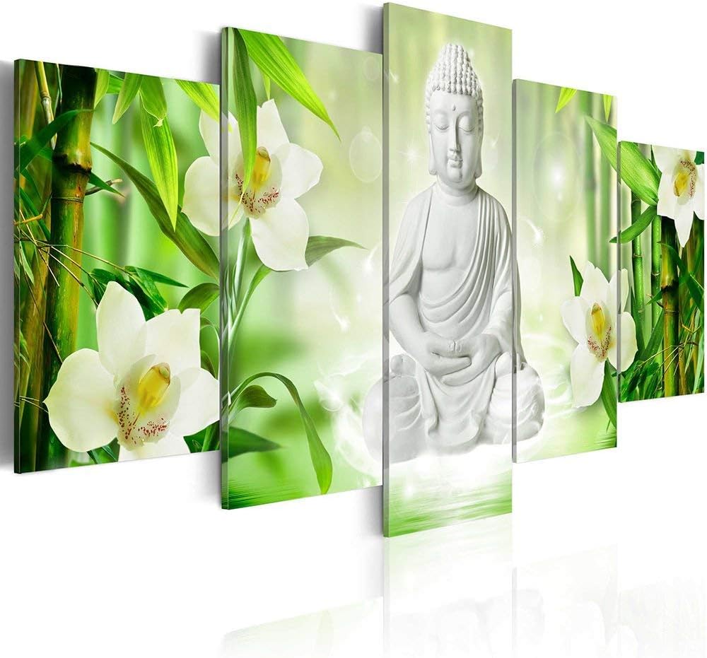AWLXPHY Decor Zen Buddha Wall Art Canvas for Living Room Decor 5 Pieces Framed Painting Modern Still Life White Buddha Orchid Bamboo Stretched Green Zen Wall Artwork Giclee (W40 x H20)