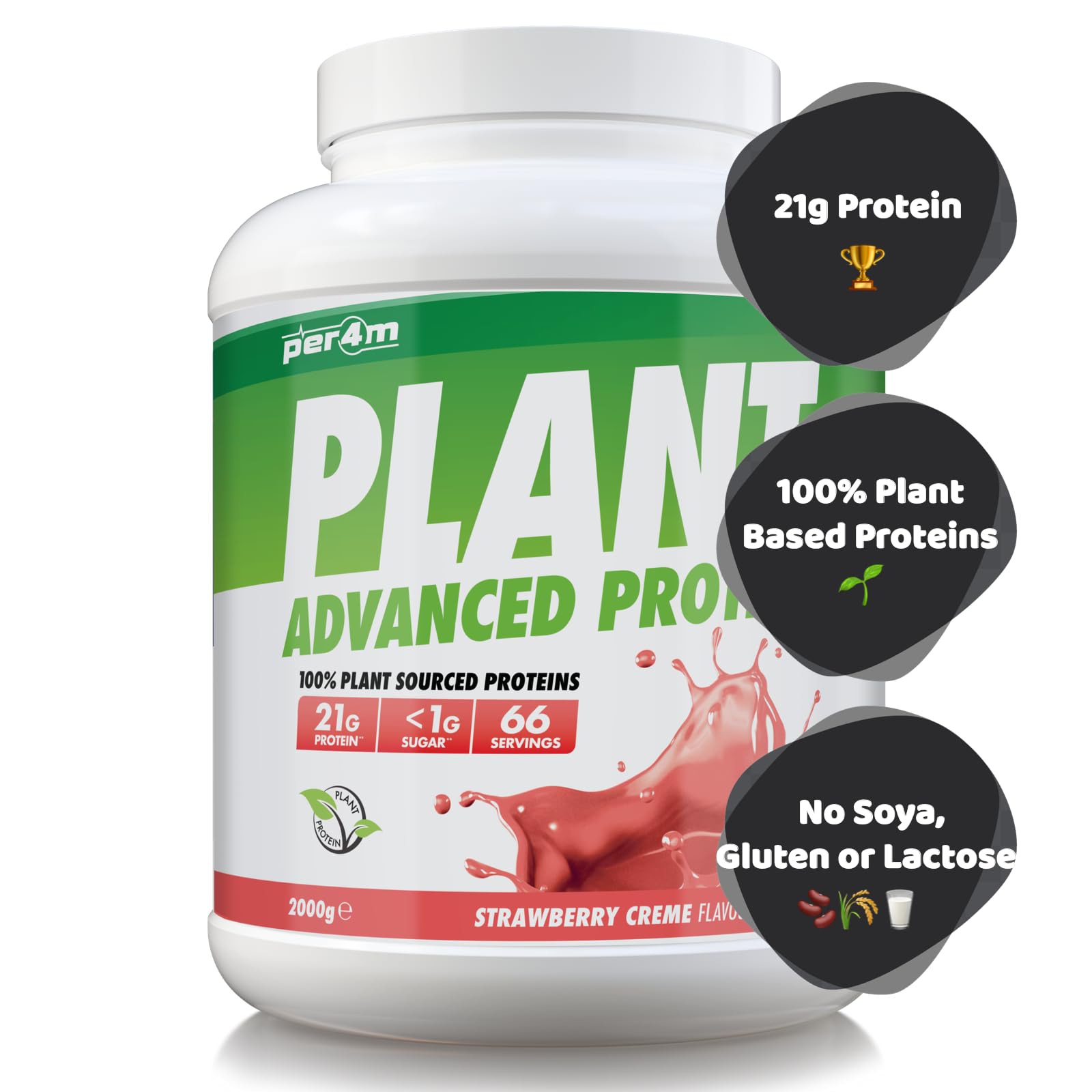 Per4m Plant Protein, Proteine 100% Vegetali da Pisello e Riso, Profilo Aminoacidico per i Muscoli, Formula Vegan Digeribile e Sostenibile, Per Vegani e Sportivi di Qualità – Strawberry Creme – 2kg