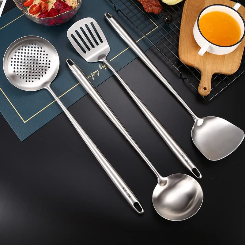 Utensilios de cocina Espátulas de acero inoxidable de 4 piezas Utensilios de cocina Espátula ancha de metal Utensilios de sartén hueca Gruesos y duraderos, herramientas de cocina fáciles de limpiar