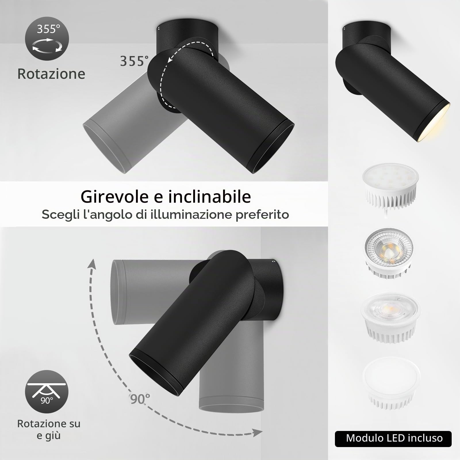 YindaLux 2 Pcs Faretto da Soffitto LED Dimmerabile Nero, Faretti LED Soffitto Interno Orientabili in Alluminio, Faretti Soffitto incl. 5W 500LM 230V Modulo LED, 3000K/4000K/6500K Lampada da Soffitto