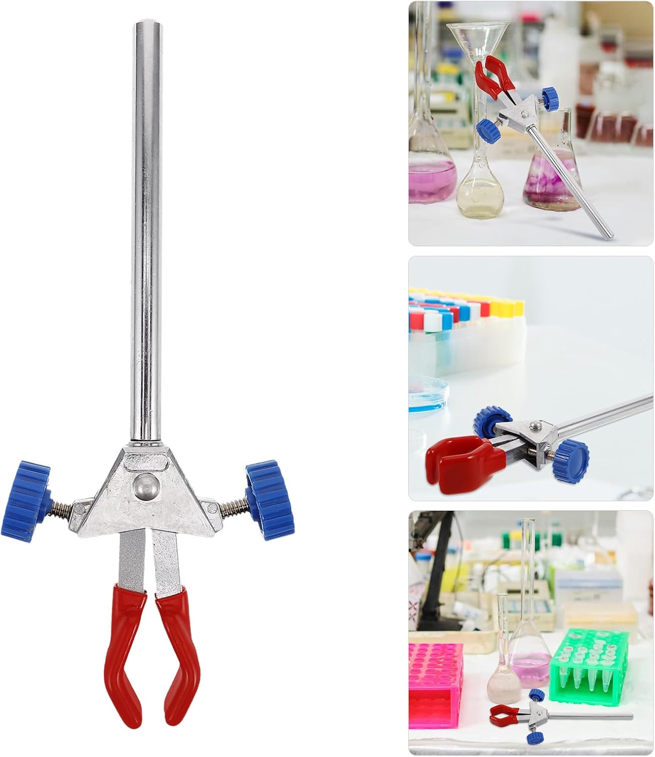 Generic Double Prong Adjustable Lab Clamp with Red Tips, Stainless Steel and Plastic 2-prong Test Tube and Beaker Holder for Chemistry Laboratory Equipment and Glassware Support