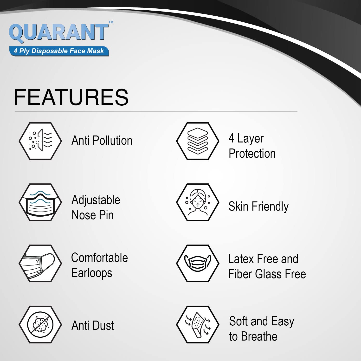 QUARANT Meltblown - Dual SMMS Fabric 4 Ply Anti Pollution Disposable Face Mask with Nose Clip and Reusable Travel Pouch (Black, Pack of 100) for Unisex - Image 2 thumbnail