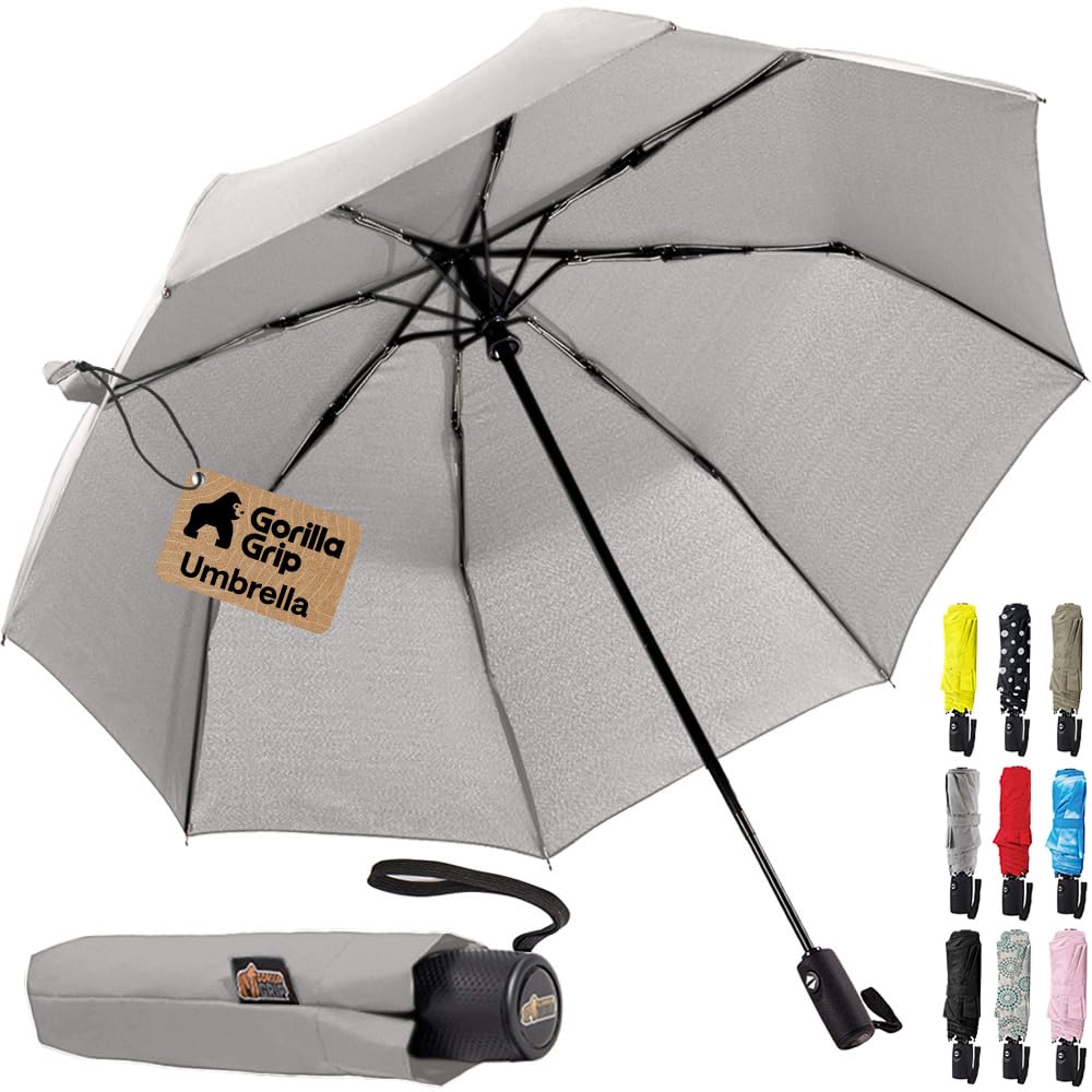 GORILLA GRIP Compact Travel Size Umbrella for Rain, Sleek Design, Gray