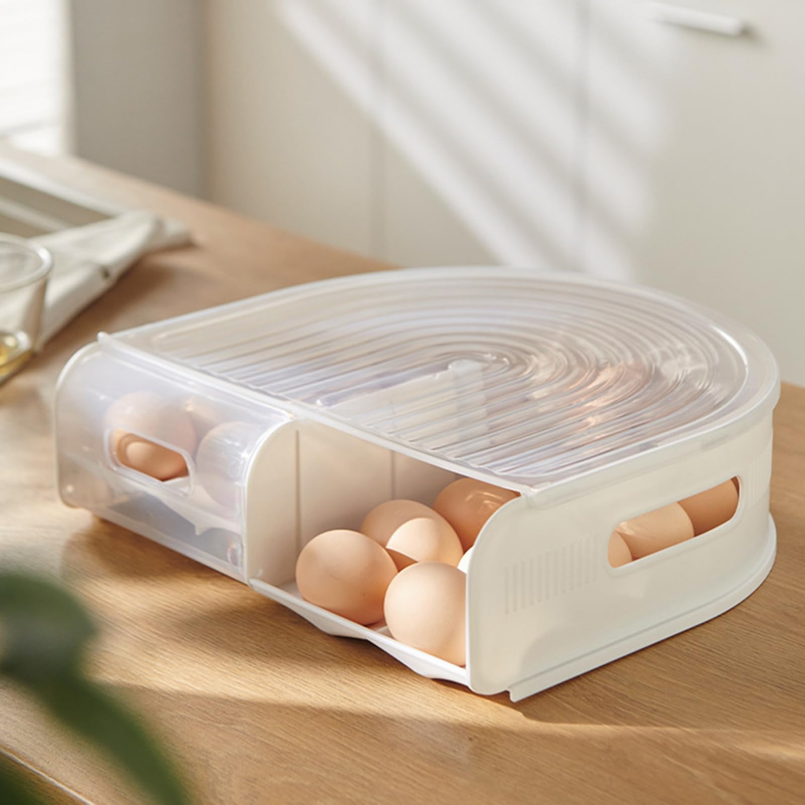 Organizadores de huevos de polipropileno transparente con sistemas rodantes, diseño en forma de U de 2 capas, solución para ahorrar espacio, contenedor transparente para huevos