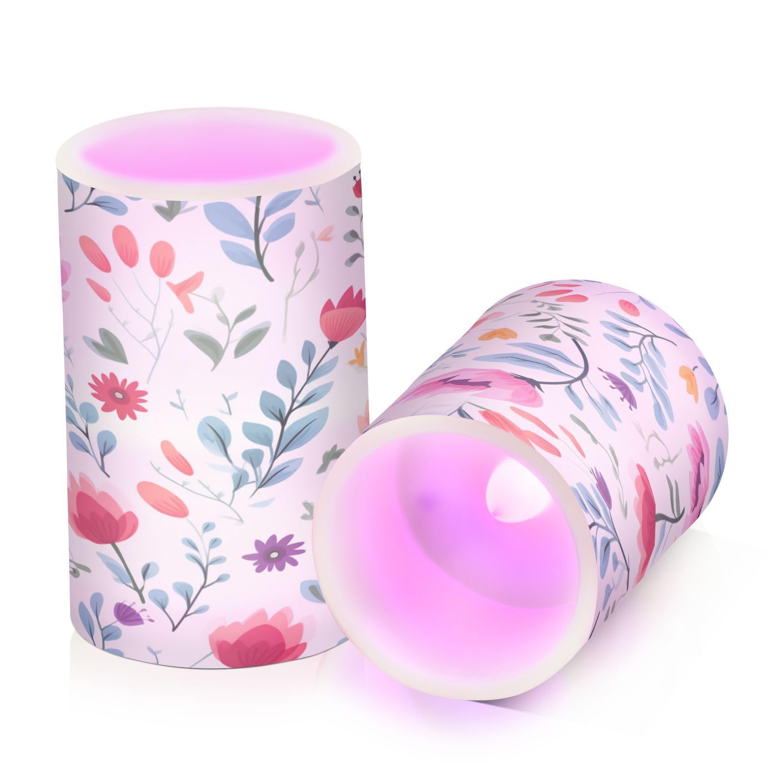 ALAZA Pink Red Purple Flower Leaves Flickering Flameless Candles Battery Operated with Remote Timer,Tea Light Candles LED Pillar Votive Candles Set of 2 for Outdoor Indoor Decorations