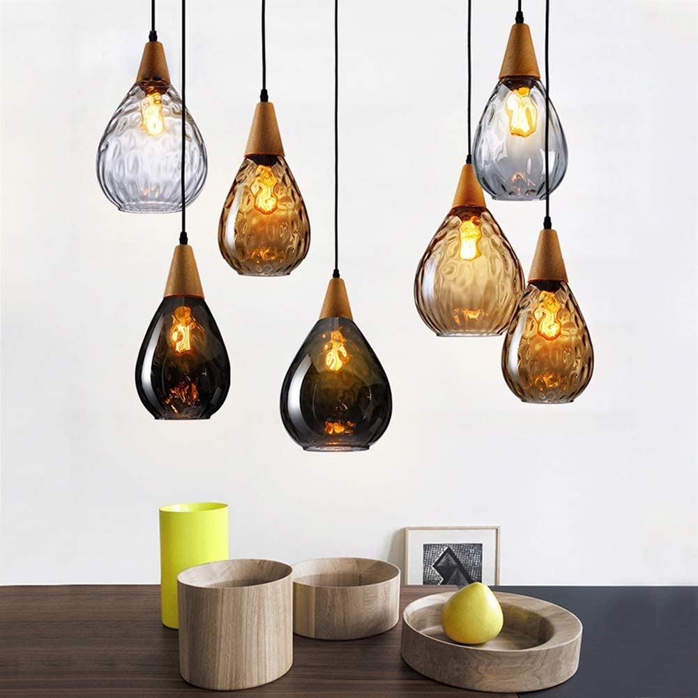 Suspension créative Goutte d'eau, Lampe Suspendue en Bois avec Abat-Jour en Verre en Forme de Larme, luminaire E27, Lustre de Salle à Manger, Lampes à Suspension industrielles rétro pour îlot