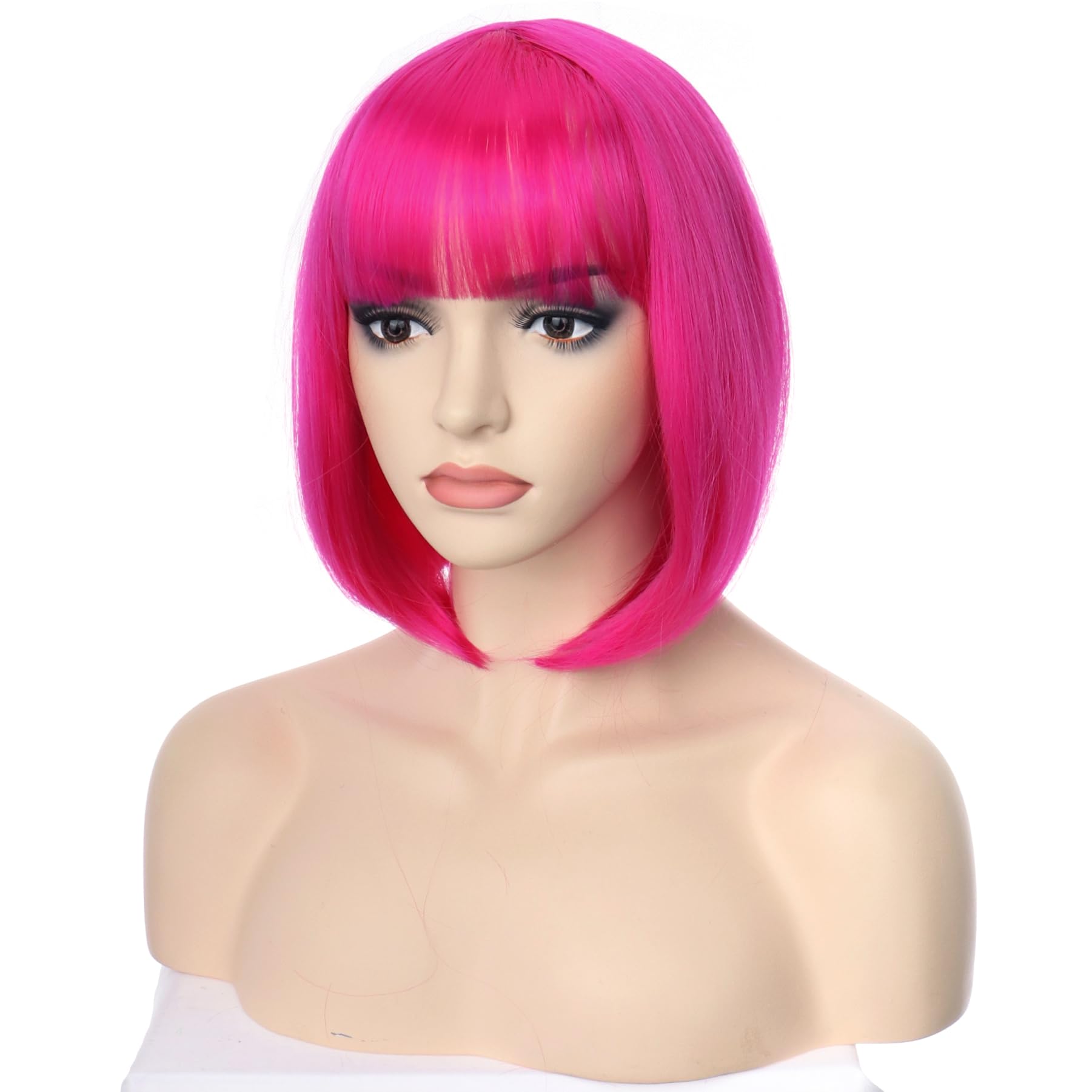 PORSMEER Short Hot Pink Bob Wigs with Fringe For Unisex Womens Girls Natural Synthetic Hair Colorful Costume Cosplay Wig for Anime Halloween Fancy Dress Party+Wig Cap - Image 4