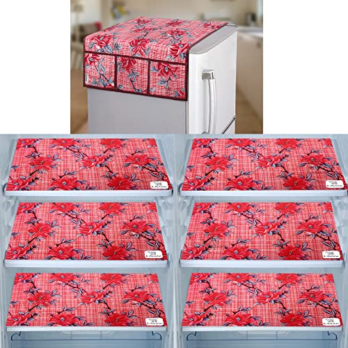 Image of Polyester 3-Layered Fridge Top Cover /Refrigerator Cover with Utility Pockets and Set of 6 Pc Fridge Mats (Color-Check Floral Red, Size-39x21 Inch)