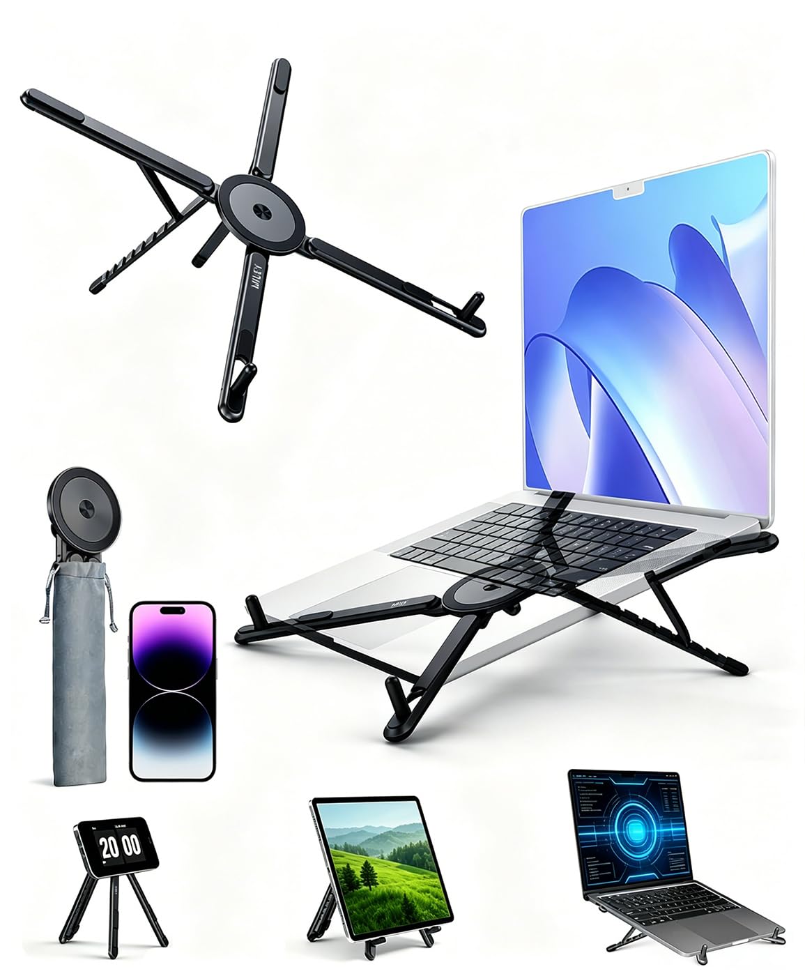 miley Portable Foldable Laptop Stand for Desk, Black | Ergonomic, 8-Level Height, 13-17" Laptops, Aluminum Construction, Tripod Compatible, Includes Storage Bag-image-25